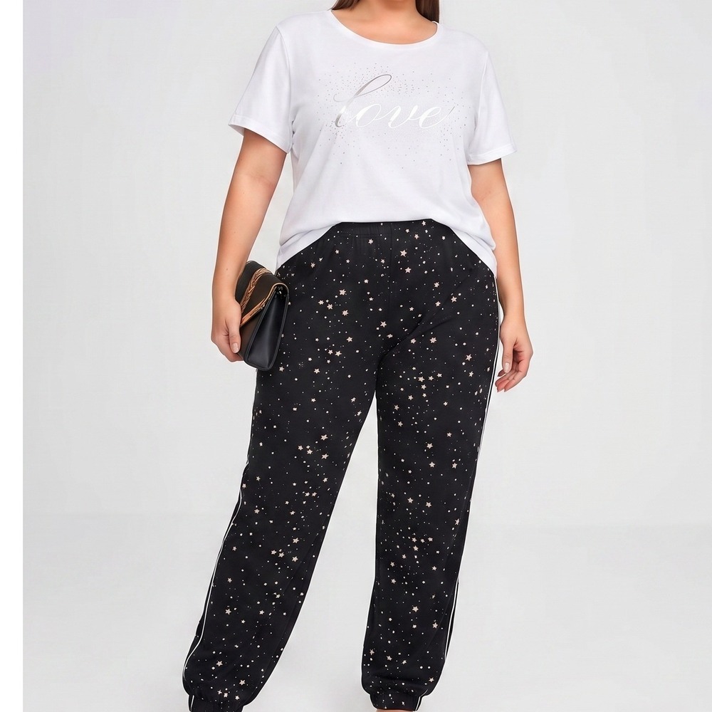 Victorias Secret Pajama Set XL White Love Star Tee Black Flannel Star Pants PJ